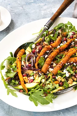 Roasted baby carrot salad with walnuts, puy lentils and feta