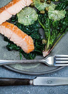 Hot Smoked Salmon, Wilted Spinach and Lemon Salad