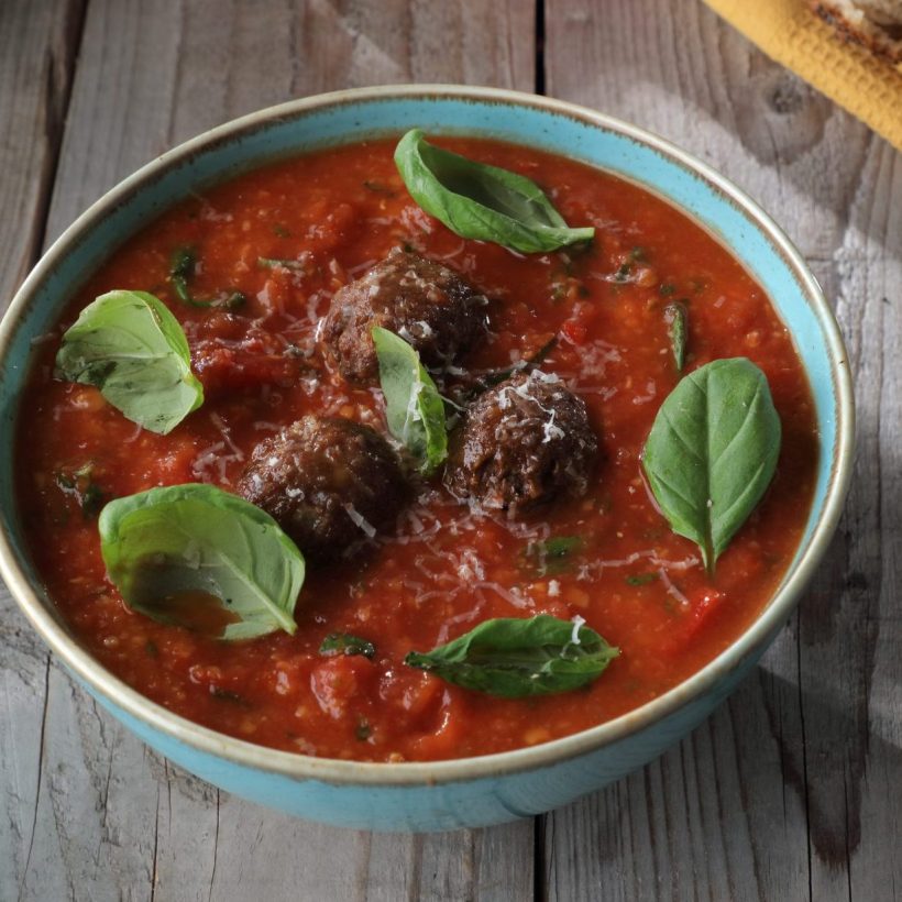 Vegetarian Meatball and Tomato Soup with Lentil and Basil